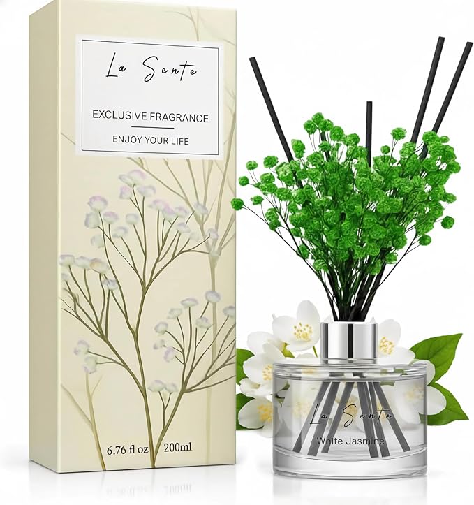 Reed Diffuser Set (6.7fl oz), Natural White Jasmine Essential Oil Fragrance with Glass Bottle, Black Rattan Sticks & Preserved Flowers, Up to 120 Days Lasting Fragrance for Home & Office