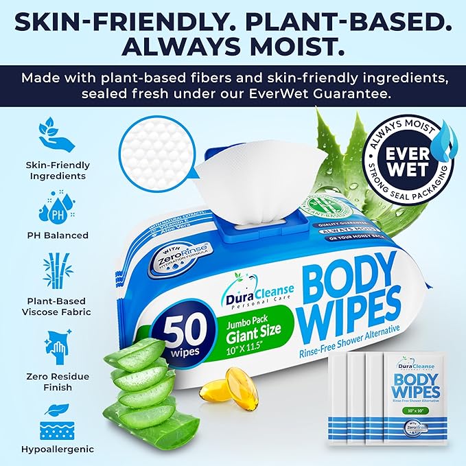 XL Body Wipes for Adults Bathing – 50 Ct + 4 Travel Shower Wipes 10 x 11.5" Thick Cleansing No Rinse Bath Wash Sheets for Elderly, Incontinence, Men & Women, Camping Essentials Disposable Washcloths