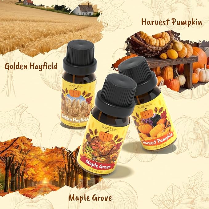 Soulorigin Harvest Fragrance Oils Set, Essential Oil for Diffuser, Fall Diffuser Oil, Use for Soap Candle Making-Crisp Apple cider, Pear&Honey, Golden Hayfield, Maple Grove, Harvest Pumpkin,Autumn Fig