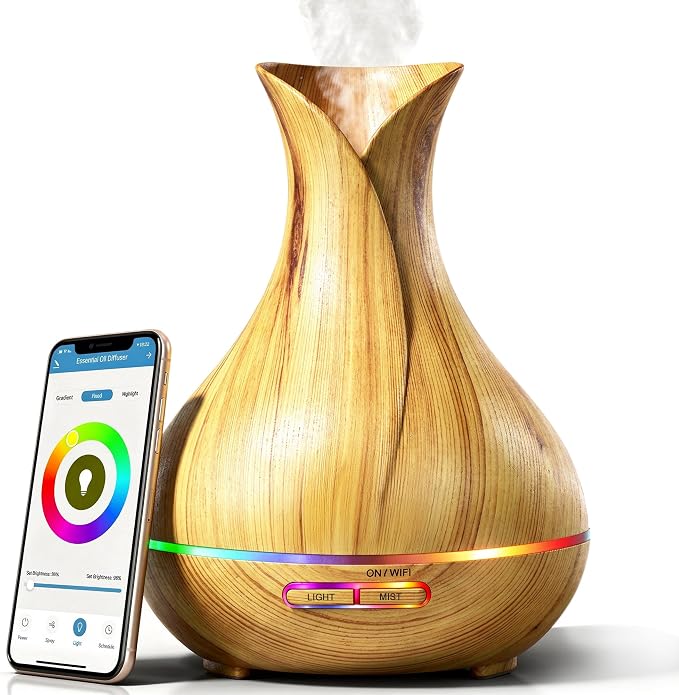 Sierra Modern Home Smart WiFi Humidifier - Aromatherapy Essential Oil Diffusers with App Control & Voice Control - Works with Alexa & Google Home - 400ml Ultrasonic Diffuser & Humidifier - Light Brown