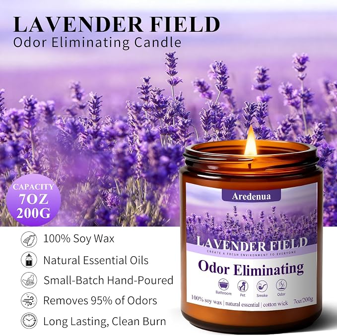 Lavender Odor Eliminating Candles | Eliminates 95% of Pet, Smoke & Bathroom Odors – 7oz Hand Poured Soy Candle - Aromatherapy Stress Relief Scented Candles - Relaxing Gifts for Calm & Fresh Homes