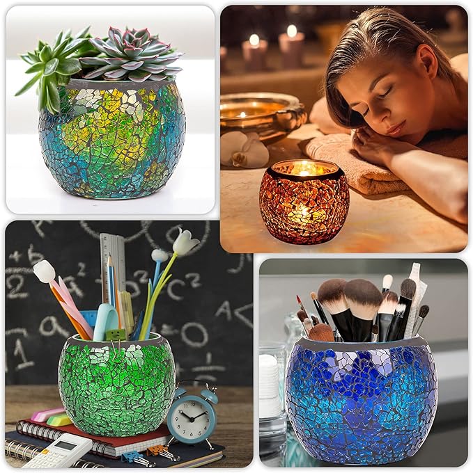 Rancco Glass Votive Candle Holder for Tealight, 6 Set Romantic Stained Mosaic Tealight Candle Holders, Handmade Cracked Aromatherapy Candle Lamp for Valentine, Party, Christmas Table Centerpiece Decor