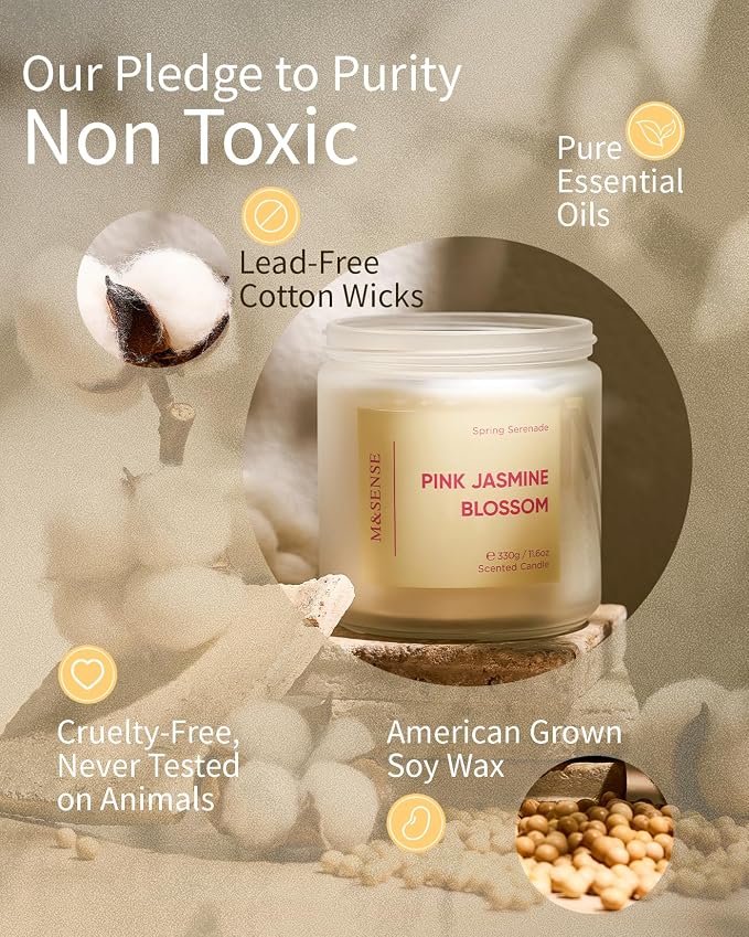 M&SENSE Jasmine & Rose Spring Scented Candles for Home, 11.6oz Organic Natural Soy Wax, 70-Hour Non Toxic Clean Burn, 2-Wick Home Fragrance Floral Scent, Romantic Smelling for Women