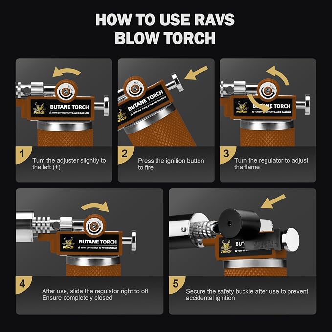 RAVS Butane Torch Lighter, Premium Metal Kitchen Torch with Adjustable Flame & Safety Buckle, Cooking Torch for Creme Brulee, BBQ, Welding, DIY, Brown, Butane Gas Not Included