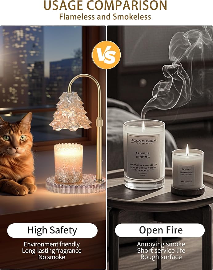 Candle Warmer Lamp with Timer & Dimmer, Crown Glass Lamp Candle Warmer for Jar Candles, 2 Bulbs, Height Adjustable Electric Wax Warmer for Elegant Home Decor (Golden Glow Tree)