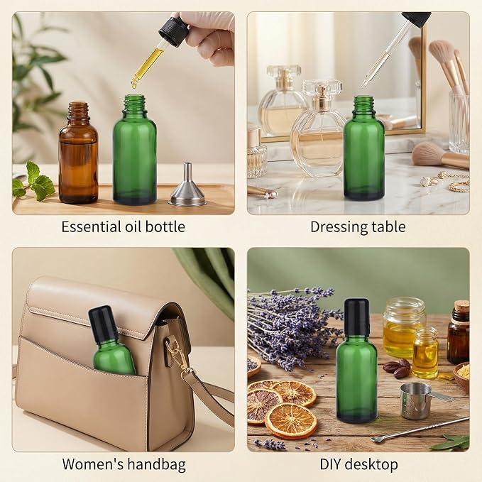 erioctry 6PCS 20ml Empty Green Glass Essential Oil Roller Bottles Portable Roll on Perfume Bottles with Stainless Steel Ball Black Cap Vial Container
