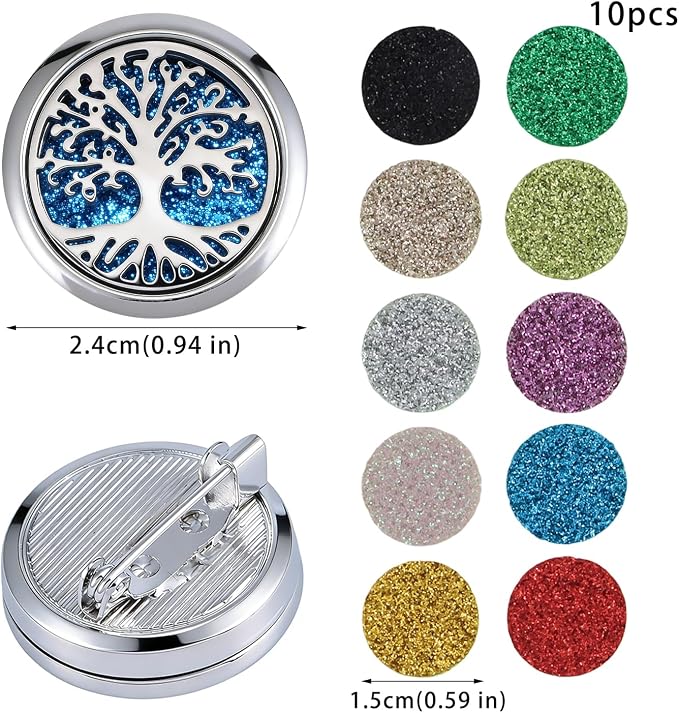 Essential Oil Diffuser Brooch, Aromatherapy Locket Brooch with 10 Pcs Refill Pads for Men Women (Tree of Life)