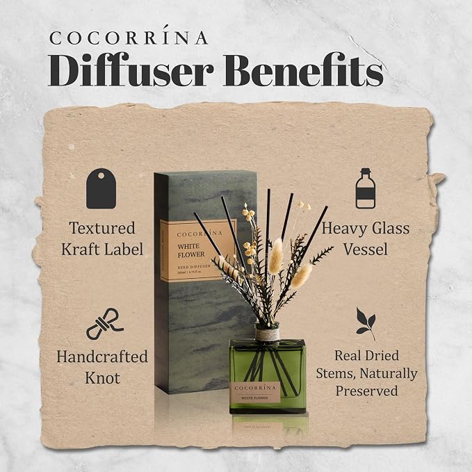 COCORRÍNA Reed Diffuser, 6.76 oz White Flower Scent Reed Diffuser with 6 Sticks & Dried Flowers, Long Lasting Elegant Fragrance Home Décor for Bathroom Bedroom Office