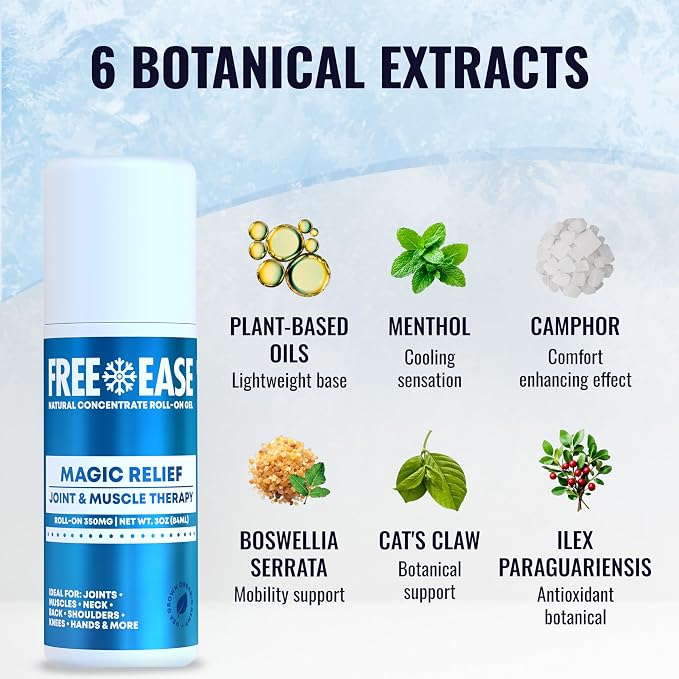 FREE EASE Magic Relief Roller - Light Solution, Roll On Gel for Muscle Recovery, Joint, Back, Shoulder, Knee & Neck Support, Fast Acting Menthol Topical Gel Roll On - Made in USA