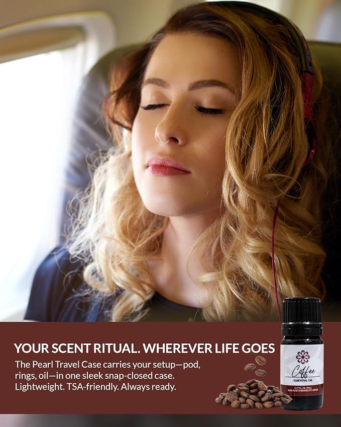 Essence Pearl Travel Case | Coffee Essential Oil | Aromatherapy Nasal Diffuser & Essential Oil Carrying Case | Invigorating Coffee & Coconut Blend | Travel-Friendly Kit | Black Pod
