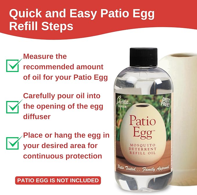Skeeter Screen 90602 Patio Egg Refill Oil – 8 Fl Oz Bottle – Essential Oil Blend with Geraniol & Lemongrass – for Use with Patio Egg Diffuser – DEET-Free, Long-Lasting, Natural Scent
