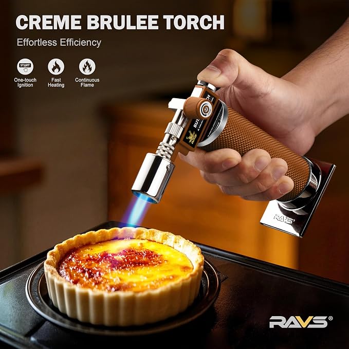 RAVS Butane Torch Lighter, Premium Metal Kitchen Torch with Adjustable Flame & Safety Buckle, Cooking Torch for Creme Brulee, BBQ, Welding, DIY, Brown, Butane Gas Not Included