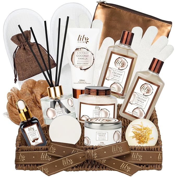 Coconut Vanilla Spa Gift Set, Complete Spa Bath Gift Basket for Women & Men