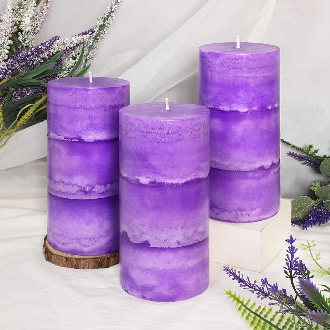 CRYSTAL CLUB Lavender Scented Pillar Candles, Set of 3 Tall 3x6 Inch Candles Rustic Purple, Clean Burning and Dripless Candle Lights, for Home Decor, Wedding, Party Decorations Lilac Candle