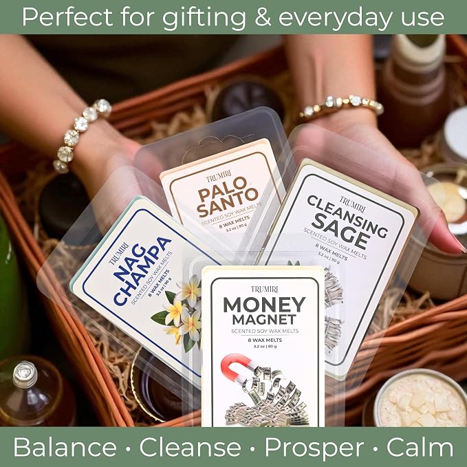 Scented Wax Melts Variety Pack Palo Santo|Cleansing Sage|Money Wealth|Nag Champa - Made With Non Toxic Soy Wax And Essential Oils - Long Lasting Strong Scent Pet Safe Candle Wax Cubes For Warmers