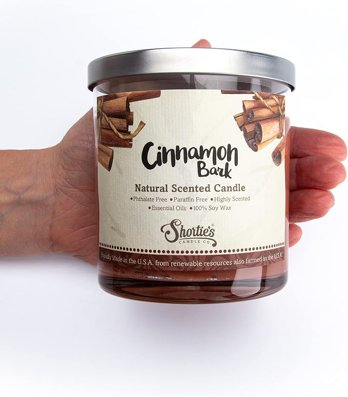 Cinnamon Bark Scented Natural Soy Candle, Essential Fragrance Oils, 100% Soy, Phthalate & Paraben Free, Clean Burning, 9 Oz.