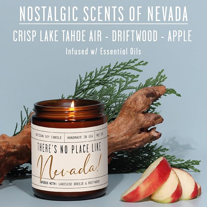 Nevada Gifts, Nevada Decor for Home - 'There's No Place Like Nevada Candle, w/Crisp Lake Tahoe Air, Driftwood & Apple I Nevada Souvenirs I Nevada State Gifts I 9oz Jar, 50Hr Burn, USA Made