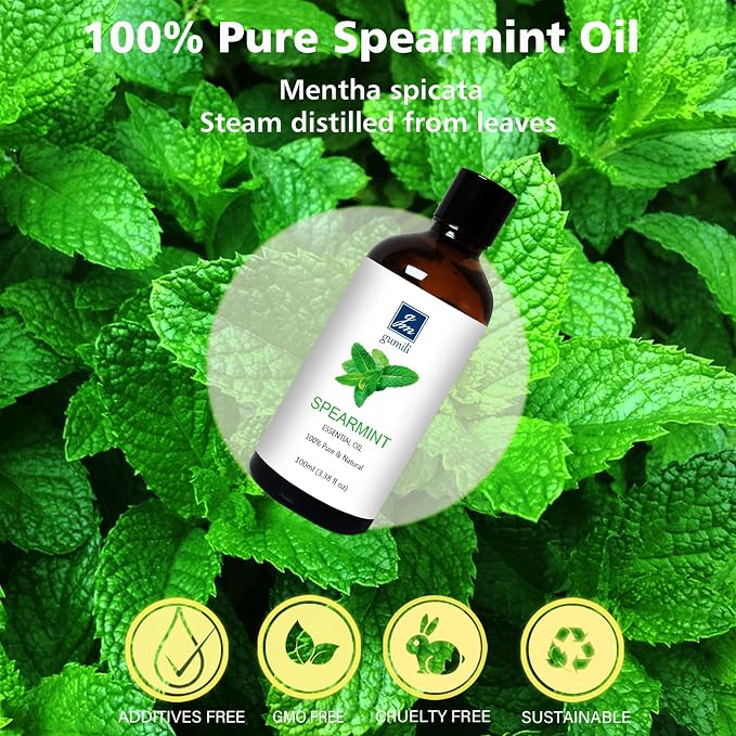 GM Gumili Spearmint Essential Oil, 100% Pure Undiluted Spearmint Oil for Skin, Hair, Aromatherapy - 100ml/3.38 oz