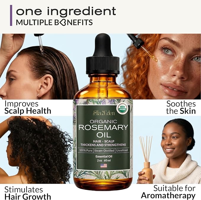 Ella & Eden Organic Rosemary Oil For Hair Growth - 2 Fl Oz, USDA Certified, 100% Pure, Steam-Distilled, USA Made, Hexane-Free - Rosemary Essential Oil for Skin, Aromatherapy - Glass Bottle