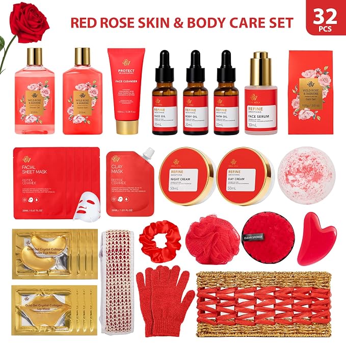Gifts for Women, 32 Pcs Red Rose Bath and Body Basket Gifts for Women, Hydrating Face Skin Care Kit, Home Spa Self Care Gifts Basket Set, Birthday, Christmas, Mother's Day, Bridal Shower, Anniversary