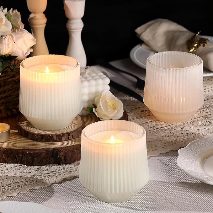 simeitol 13 OZ White Candle Jars for Making Candles - 6 Pack Ribbed Glass Candle Jars, with Bamboo Lids and Candle Wick Kit, Candle Making Jars Bulk for DIY