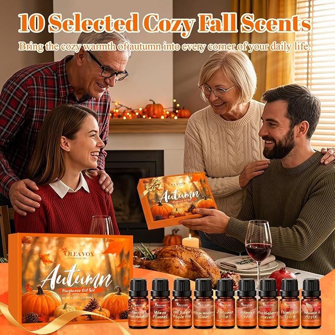 Autumn Fragrance Oil Gift Set，Fall Essential Oils for Diffuser, Scents for Candle Soap Making, Cinnamon & Apple,Pumpkin Spice, Huckleberry Harvest, Cashmere Cedar, Leaf More 10x5ml Aromatherapy Oils