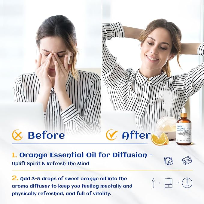 HIQILI 100ML Orange Essential Oil for Air Freshener, DIY Soap, Skin Care, Can be Added to Diffusers, Dryer Balls, Lotions for Use - 3.38 Fl Oz | Aromatherapy for Diffusers & Air Freshening, Skin Care, DIY for Cleaning Spray, Hand Soap, Candle & Soap