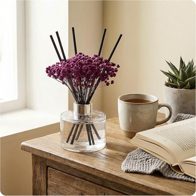 Reed Diffuser Set (6.7fl oz), Natural Lavender Essential Oil Fragrance with Glass Bottle, Black Rattan Sticks & Preserved Flowers, Up to 120 Days Lasting Fragrance for Home & Office