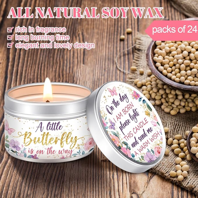 MTLEE 24 Pcs Butterfly Baby Shower Party Favors Candles Lavender Scented Baby Shower Favors for Guests Rustic Tealights Candles Gender Reveal Return Gifts (1.2 oz, Gold)