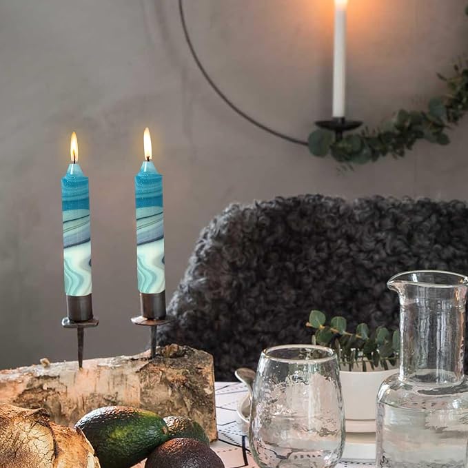 7 inch Short Candle Blue Quicksand Print Candle 4 Pack Handmade Unscented Taper Candles Printed Candlestick Smokeless Tapered Candles for Home Dinner Wedding Holiday