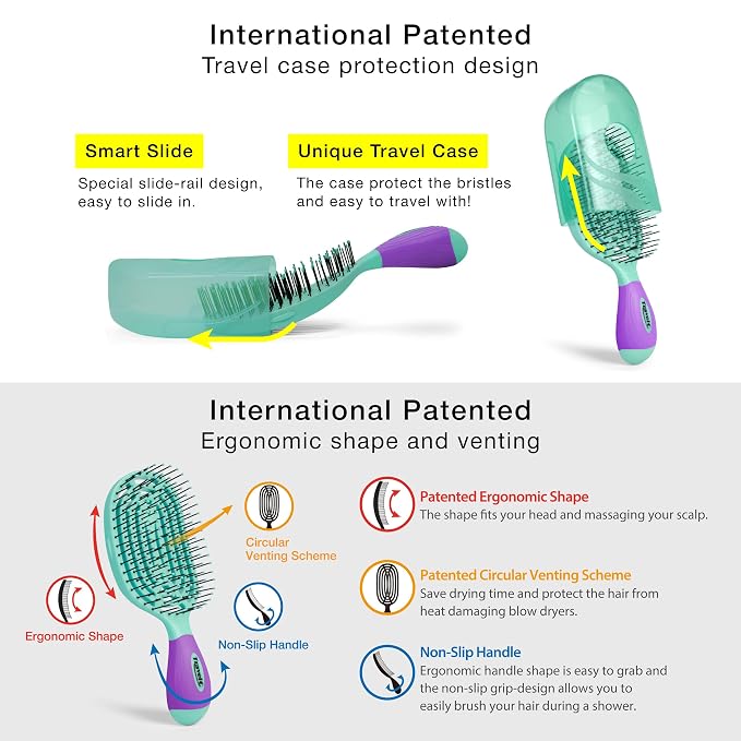NuWay 4Hair® TravelC® U.S. Patented Single-Curve Scalp Care Travel Brush with Protective Case – Premium Portable Hair Health Tool with Heat-Resistant – Wet & Dry Use (Turquoise)
