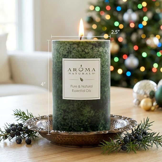 Aroma Naturals Holiday Juniper, Spruce and Basil Essential Oil Pillar Candle, Fresh Forest, 2.5 inch x 4 inch