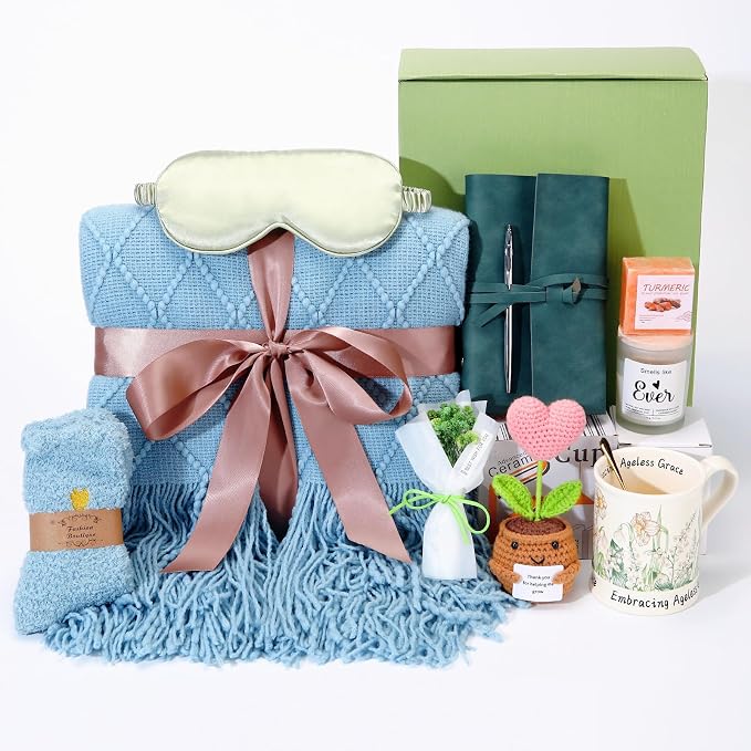 Sending Hugs Self-Care Gift Basket, Spa Relaxation Gifts for Women Her - Cozy Plush Throw, Inspirational Mug, Scented Candle & Journal for Get Well Soon, New Mom, Best Friend, Birthday (Aqua)