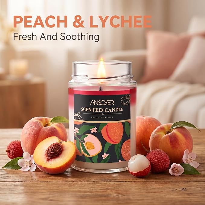 Scented Soy Candles, Peach & Lychee, 11oz | Aromatherapy Jar Candle, 70 Hour Burn Time, Long Lasting, Gift Candle