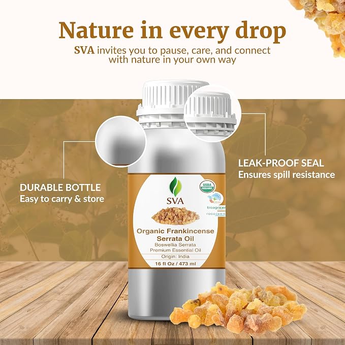 SVA Organic Frankincense Essential Oil – 16 Fl Oz – 100% Natural Boswellia Serrata Oil - for Diffuser, Hair Care, Face, Skin Care, Aromatherapy, Scalp and Body Massage, Soap and Candle Making