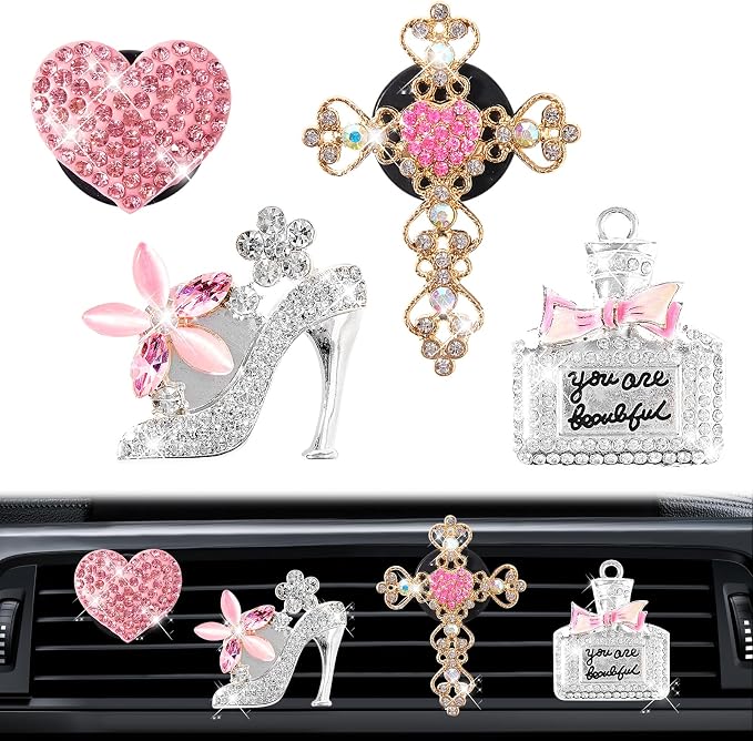 Rislobx 4PCS Bling Air Vent Clips, Crystal Diamond Heart Cross High Heel Shoe Perfume Bottle Diffuser Vent Clip Cute Rhinestone Car Accessories Decoration for Women (Pink)