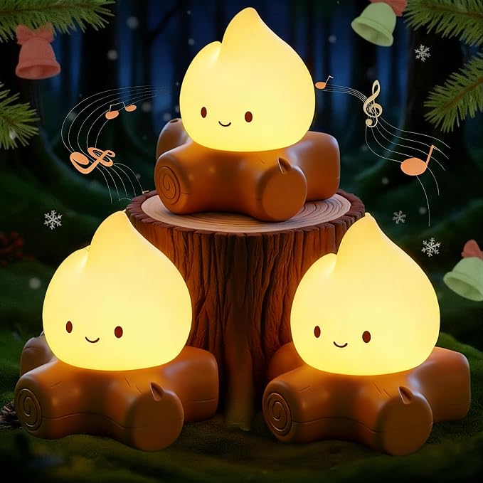 3 Pcs Campfire Night Light, Rechargeable Flame Lamp with 5 White Noise, Dimmable Flameless Candles Lights, Portable LED Ambiance Light for Camping Indoor Outdoor Holiday Decor Gifts