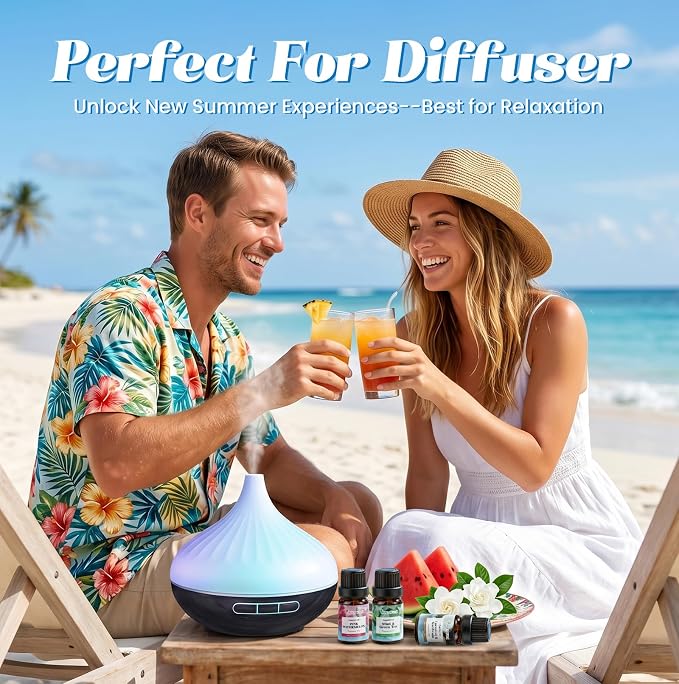 Summer Essential Oils Set, Tropical Fragrance Oils for Diffusers for Home, Scented Oil for Candle & Soap Making, Coconut & Gardenia,Ocean Wind & Jasmine More 10x5ml Aromatherapy Oils Gift for Women