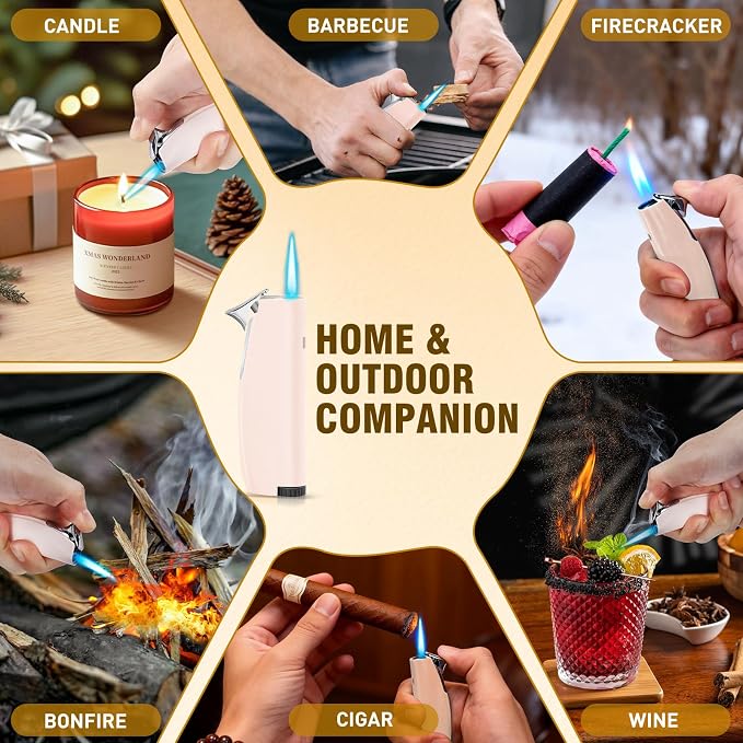 Women's Mini Butane Torch Lighter, Windproof Jet Flame Refillable Adjustable Candle Lighter for BBQ, Camping, Daily Use, Ideal Gift, 2 Pack (Light Pink, Butane Not Included)
