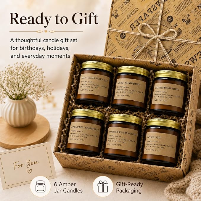 6 Pack Candles for Home Scented Aromatherapy Candle Gift Set for Women Soy Wax Long Lasting Amber Jar Candles Gift for Birthday Mother's Thanksgiving Day Present