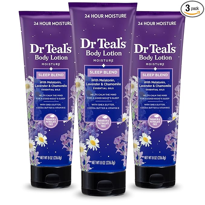 Dr Teal's Sleep Body Lotion, 24-Hour Moisture, with Melatonin, Lavender & Chamomile Essential Oils, 8 fl oz (Pack of 3)