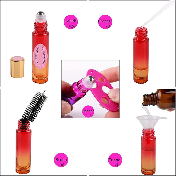 inice 24 10ml Essential Oils Roller Bottles Gradient Color Thick Glass Roll on Bottle Golden Metal Cap for Travel