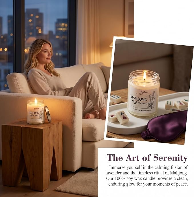 Mahjong Night Scent Candle - Unique Game Night Gift Idea, Soy Wax Aromatherapy Candle for Mahjong Night, Friends Game Party, Mahjong Lovers Gifts for Women Men | Lavender Scents, 9oz