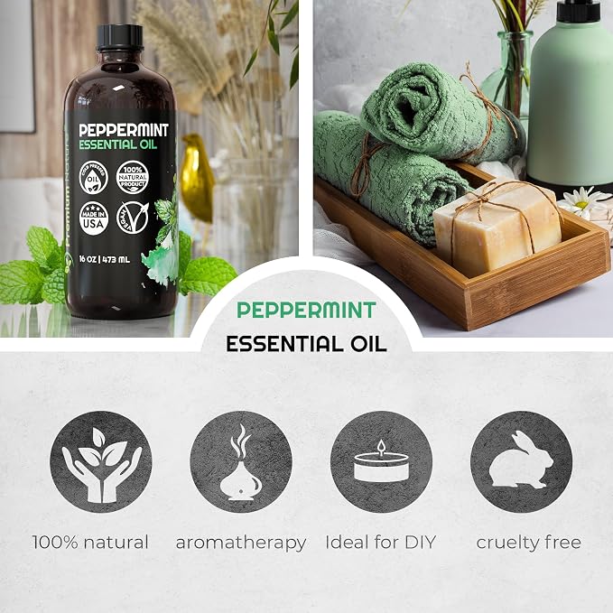 Peppermint Essential Oil for Diffuser Aromatherapy Pure Peppermint Oil for Hair Growth Organic for Skin Pure Essential Oil for Soap Making Pepermint Oil Essential for Laundry 16oz