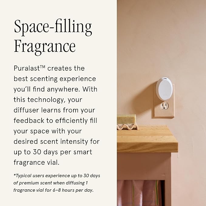 Pura Home Mini Fragrance Diffuser for Small Spaces Adjustable Smart Home Device with LED Light & Automatic Vial Detection - Includes 1 Scent Refill - White Tea no.1