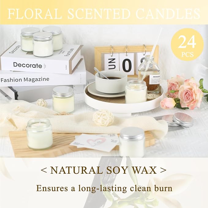 24 Pcs 4 Oz Mason Jar Candles, Vanilla Scented Soy Candles Bulk Set for Stress Relief and Relaxation, Great Favors for Wedding, Christmas, Housewarming Gifts (Silver, Vanilla, 24)
