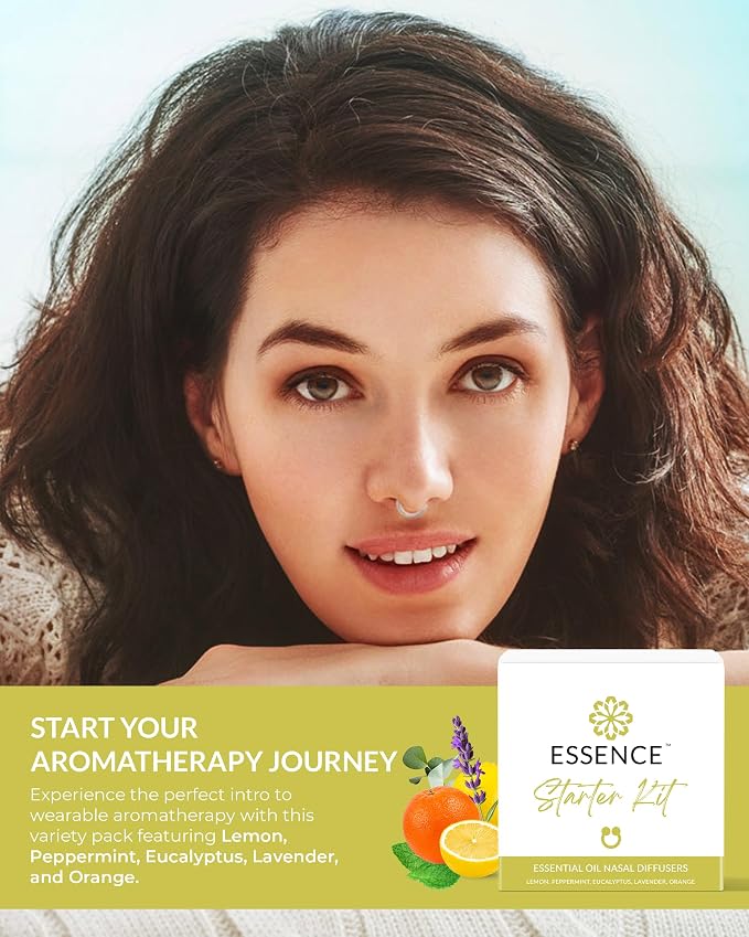 Essence Nasal Diffuser Starter Kit – Essential Oil Silicone Nose Ring Inhalers for Beginners – Wearable Aromatherapy Bundle for Relaxation, Energy & Breathing Support
