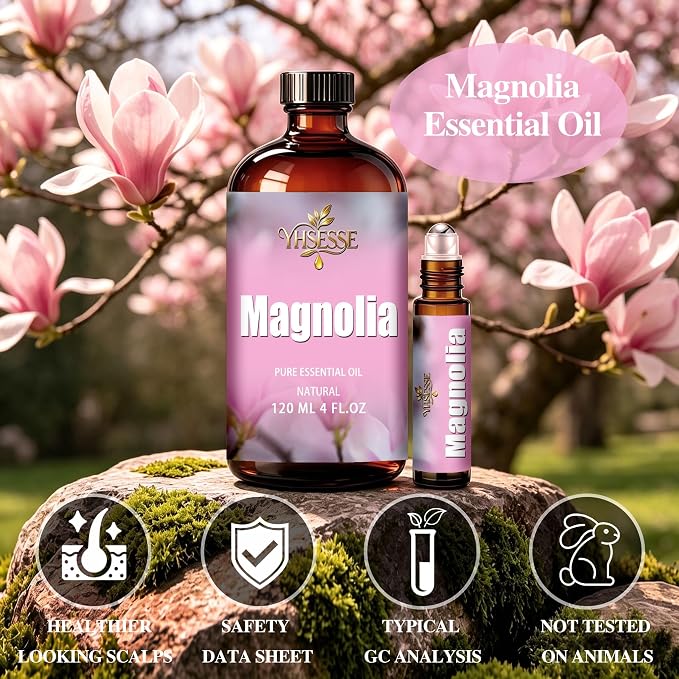 Magnolia Essential Oil, Magnolia Oil 4 Fl Oz 120ml for Diffuser Yoga Soap & Candle Making – with 0.33 Oz Roller Ball & Dropper YHSESSE Essential Oils