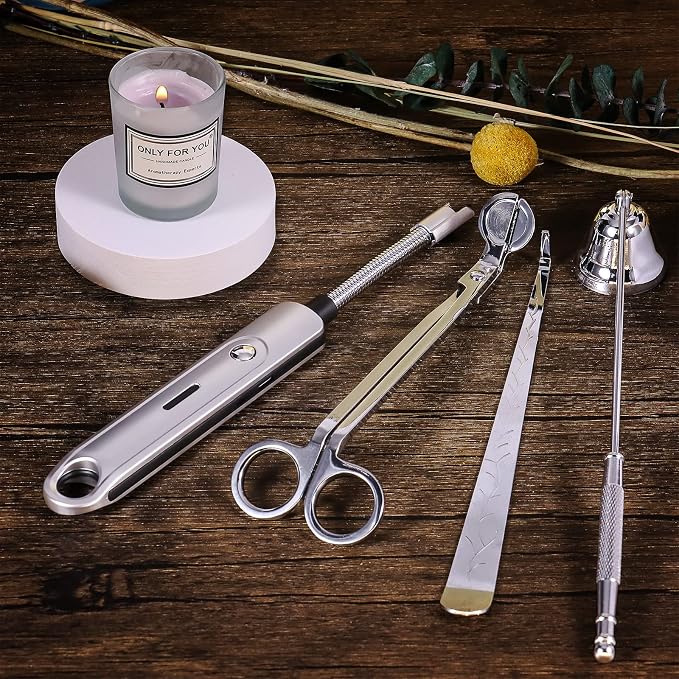 4 in 1 Candle Accessory Set, Electric Lighter, Wick Cutter, Snuffer and Dipper, Steel Wick Trimmer Set - Silver