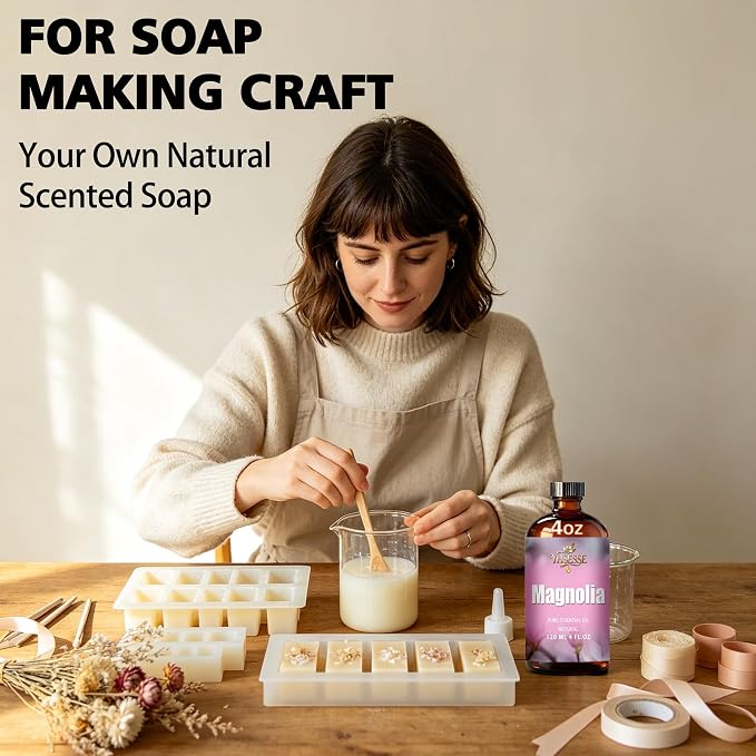 Magnolia Essential Oil, Magnolia Oil 4 Fl Oz 120ml for Diffuser Yoga Soap & Candle Making – with 0.33 Oz Roller Ball & Dropper YHSESSE Essential Oils